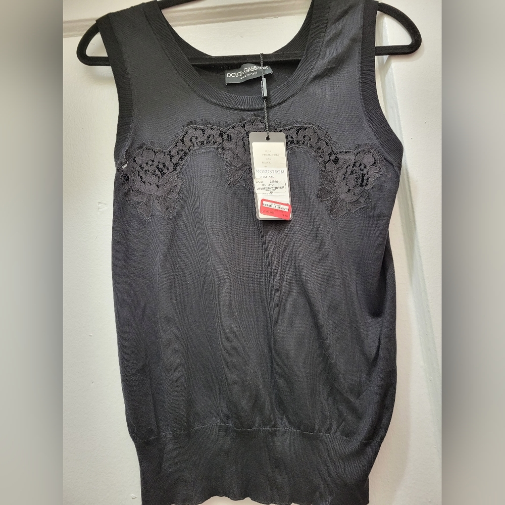 Dolce & Gabbana Black Lace-Trim Knit Tank Top